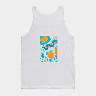 Vibrant blue and orange shapes are scattered across a clear background Tank Top